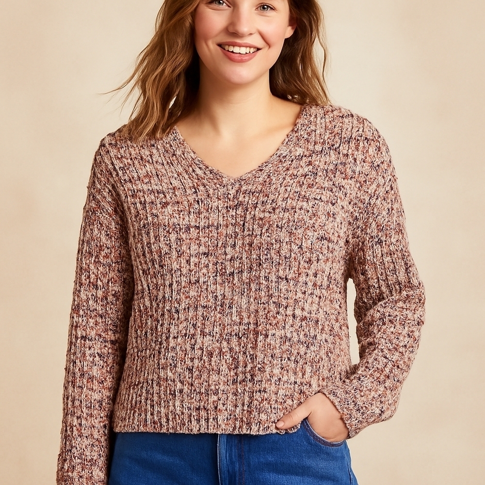No Comment NY-LA Multicolor Chenille Popcorn Knit V-Neck Sweater Medium Cozy Y2K
